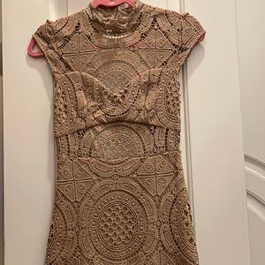 bebe tan lace open back mini dress